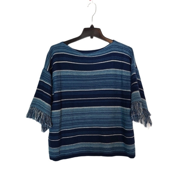 Lauren Ralph Lauren Blue Striped Scoop Neck Fringe Sleeve Knit Sweater XS NWT - Picture 7 of 8